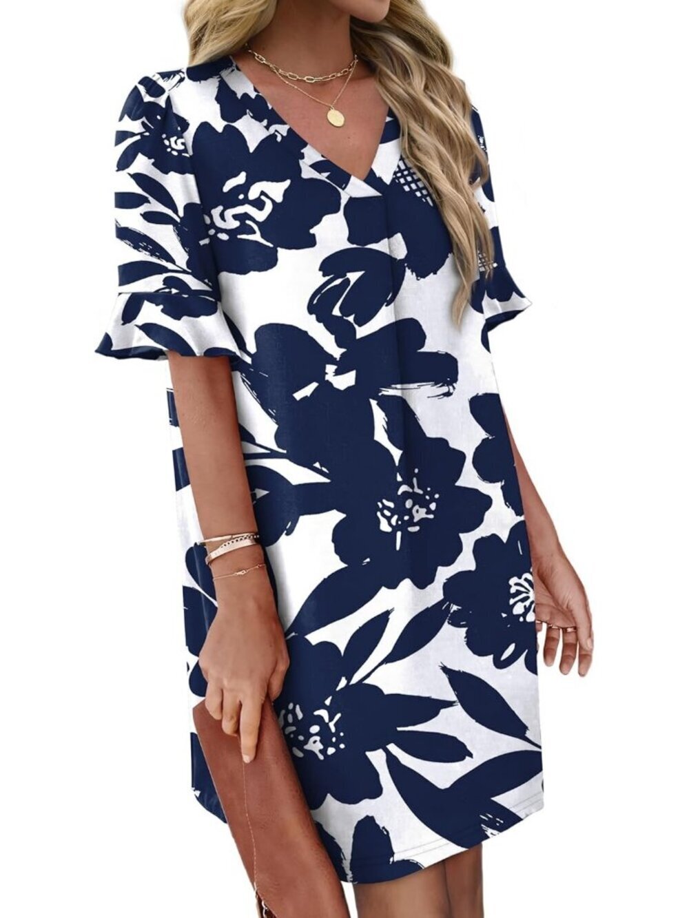 Women's Pattern Floral White Ruffle Short Sleeve V Neck Casual Shift Mini Dress - Picture 3 of 5